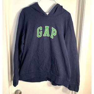 Gap Navy Blue Hoodie Green Logo Size XL Embroidered Spell Out Cotton Blend Soft